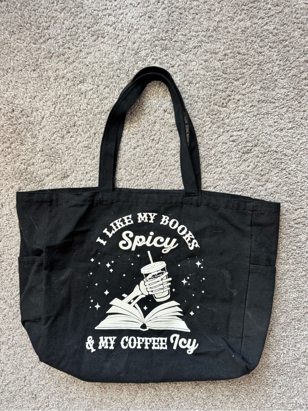 Black Canvas Tote Bag with White Graphic - Spicy Books & Coffee